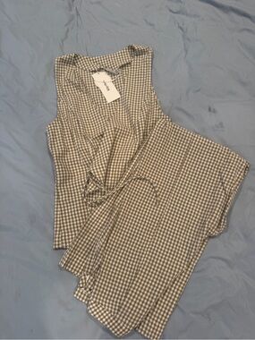 Rhythm. Beige and White Gingham Sleeveless Tie-Waist Jumpsuit